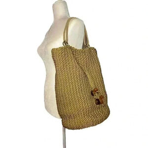 Oscar De La Renta Raffia Bucket Bag Wicker Suede Woven Purse Natural Beach Purse